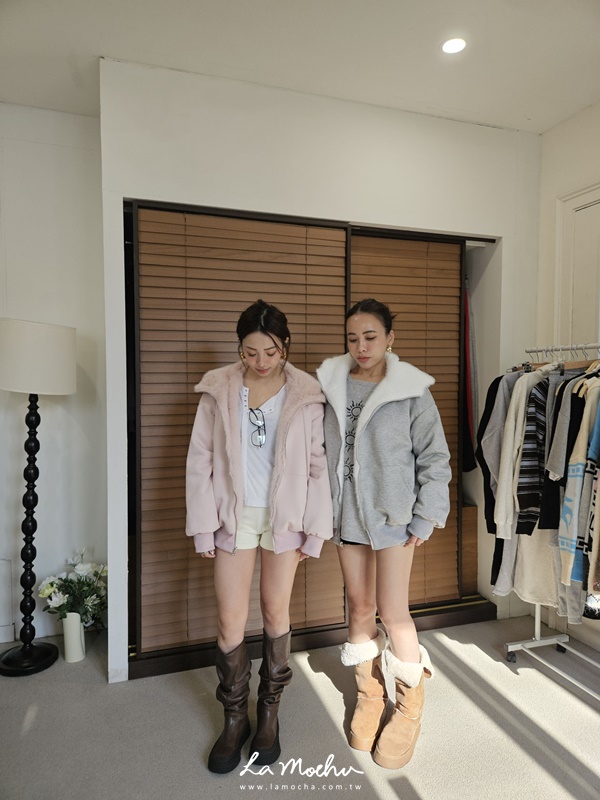 雙面穿翻領拉鍊毛毛外套